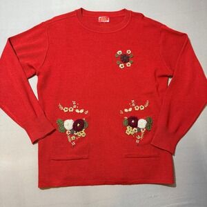 Autumn Creations Red Knit Sweater Floral Applique Crew Neck Long Sleeve Women CL